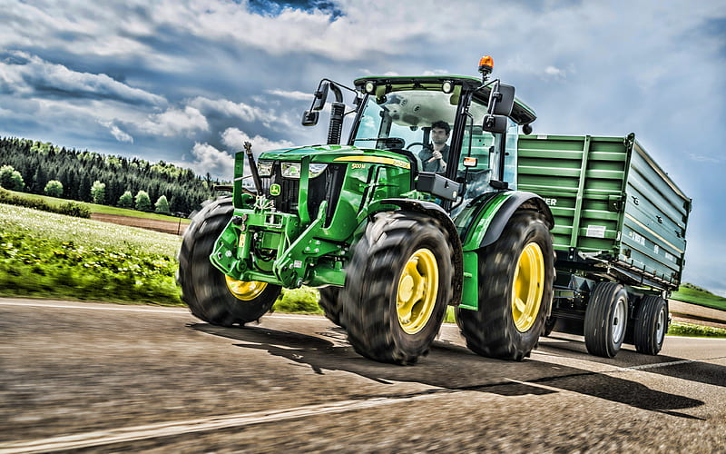 John Deere 5100M harvest transportation, 2019 tractors, agricultural machinery, R, tractor on road, agriculture, harvest, John Deere, HD wallpaper