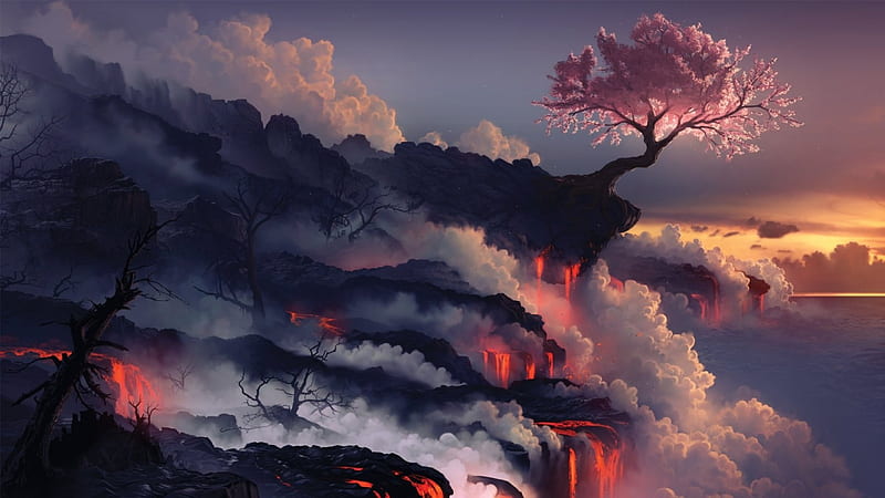 Scorched Earth, edge of the world, tree, fantasy, lava, nature, HD wallpaper