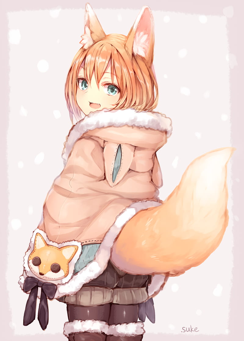 Cute young anime girl with kitsune fox ears