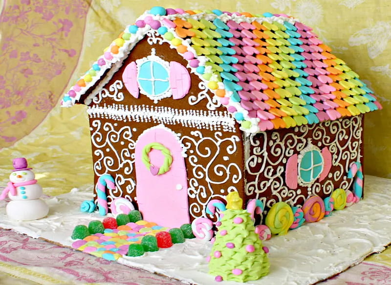 Rainbow Gingerbread House, Rainbow, Brown, House, Gingerbread, Snowman, HD wallpaper