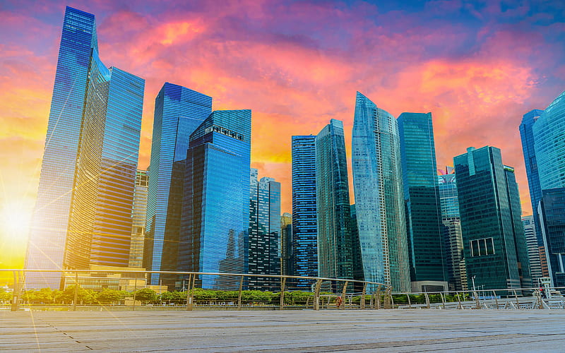 Singapore, skyscrapers, metropolis, sunset, evening, business centers, Asia, modern city, HD wallpaper