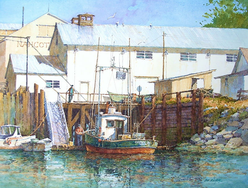 Ian Ramsay art, rocks, house, buildings, ian ramsay, fishermen, art painting, sea port, albatross, sea, water, ship, stone, people, blue, HD wallpaper