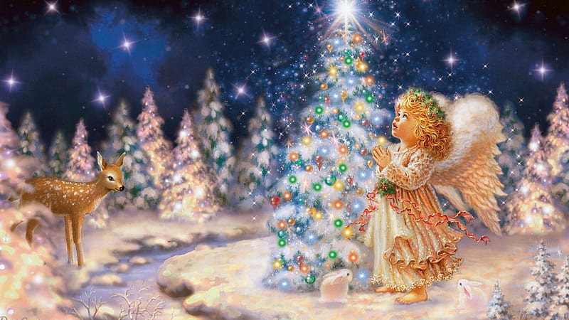 Girl Child Is Standing Near A Glittering Christmas Tree And Deer On Side Christmas, HD wallpaper