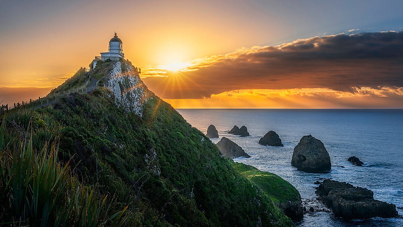 Dawn Lighthouse New Zealand Ocean During Sunrise Nature, HD wallpaper