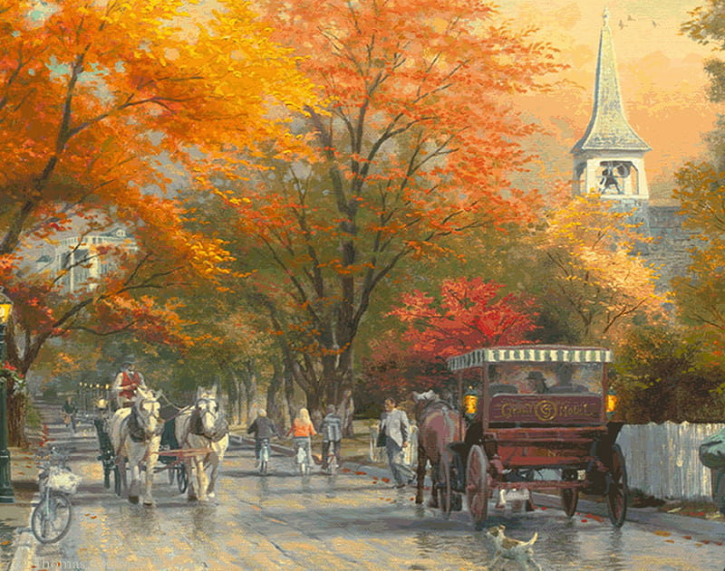 Good Old Times, autumn, trees, coach, artwork, horses, people, painting, village, street, dog, HD wallpaper