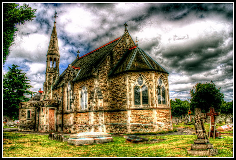 Cemetary r, architecture, religious, church, trees, sky, clouds, graves, gothic, london, graveyard, HD wallpaper