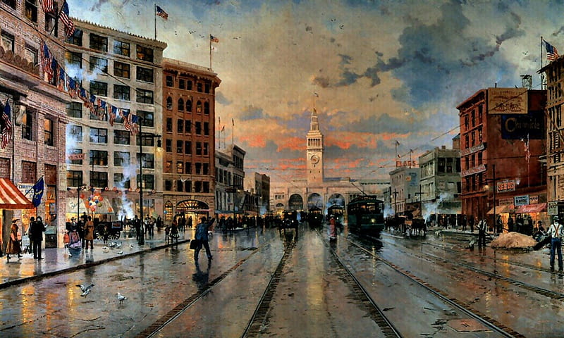 Market Street 1909 F2, art, USA, cityscape, Thomas Kinkade, artwork, Kinkade, 1909, California, painting, wide screen, Market Street, San Francisco, scenery, HD wallpaper