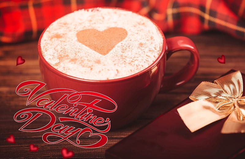 Happy Valentine's Day, red, box, happy valentines day, love, drink, cups, valentines day, valentines, drinks, cappuccino, corazones, gift, happy, coffee, heart, cup, day, HD wallpaper