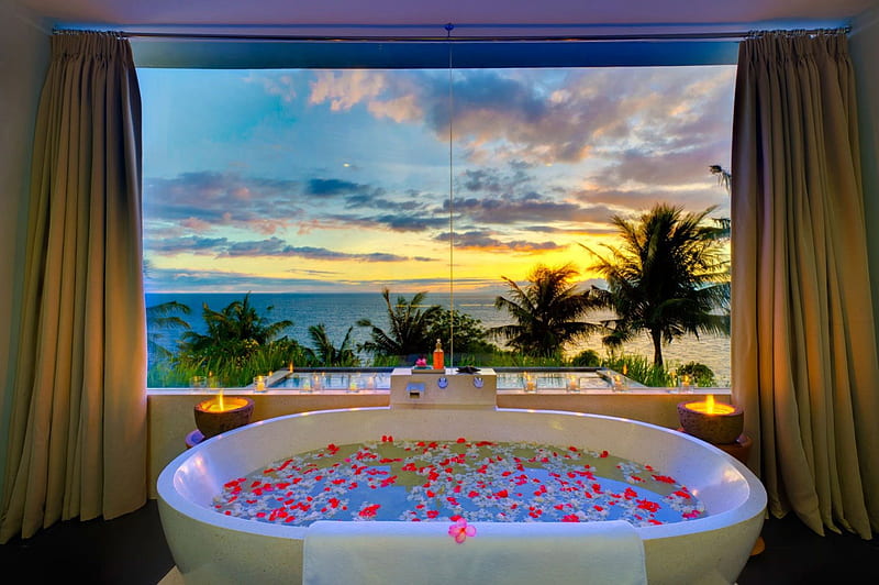 View from Bathroom Lombok Indonesia, Asia, bath, soak, Lombok, bathroom, flowers, luxury, exotic, view, holiday, relax, peace, vista, hot tub, water, tranquil, paradise, Indonesia, spa, jacuzzi, tropical, HD wallpaper