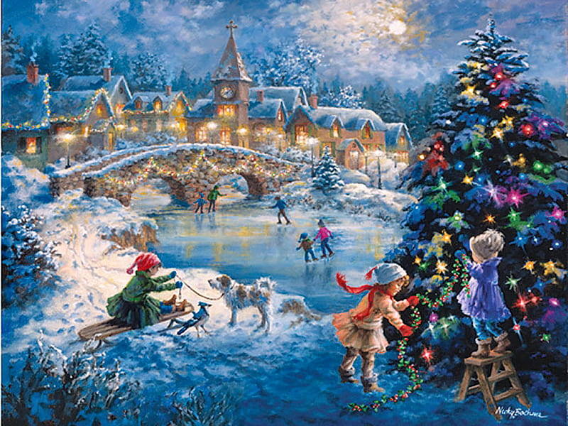 A Joyful Celebration F+mp, art, christmas, children, skaters, boehme, nicky boehme, artwork, winter, pond, snow, painting, ice, scenery, landscape, HD wallpaper