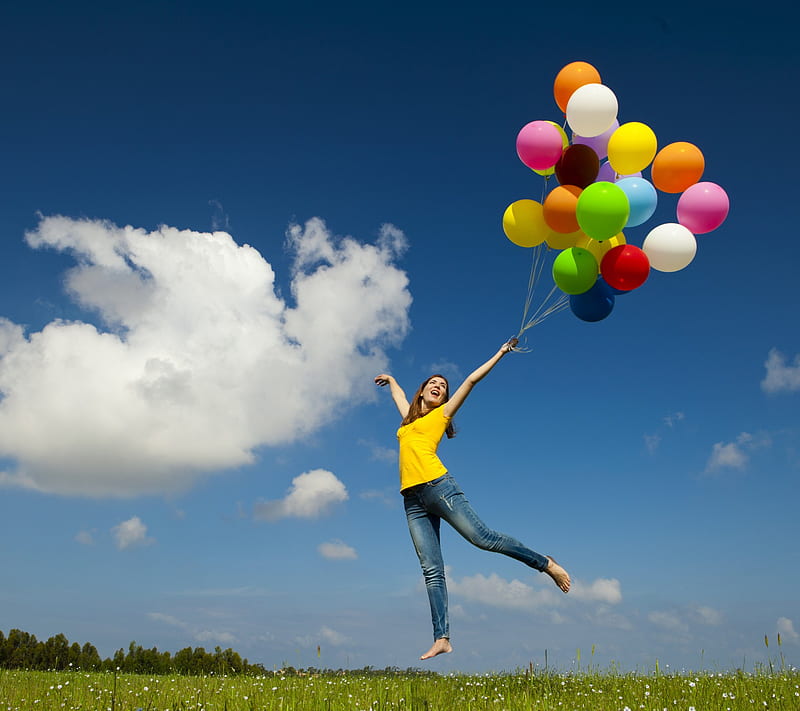 Flying, ballon, balls, cloud, colours, fly, girl, sky, HD wallpaper