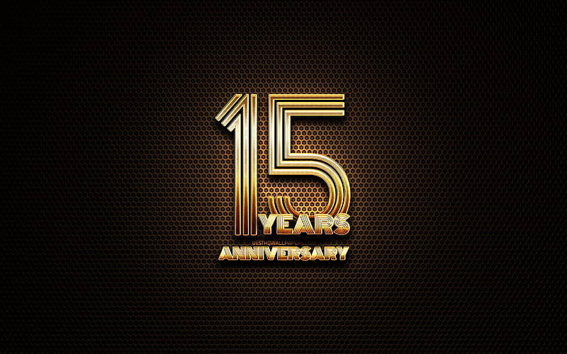 15th anniversary, glitter signs, anniversary concepts, grid metal background, 15 Years Anniversary, creative, Golden 15th anniversary sign, HD wallpaper