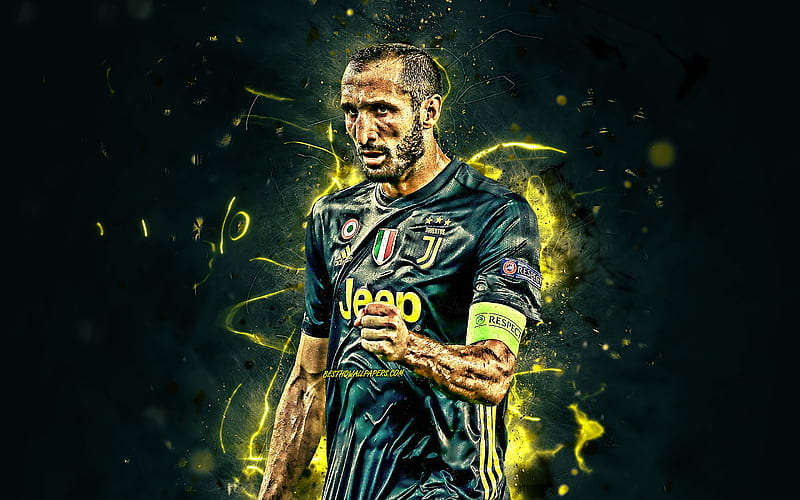 Giorgio Chiellini, black uniform, Juventus FC, Serie A, soccer, italian footballers, Chiellini, neon lights, Juve, Bianconeri, HD wallpaper