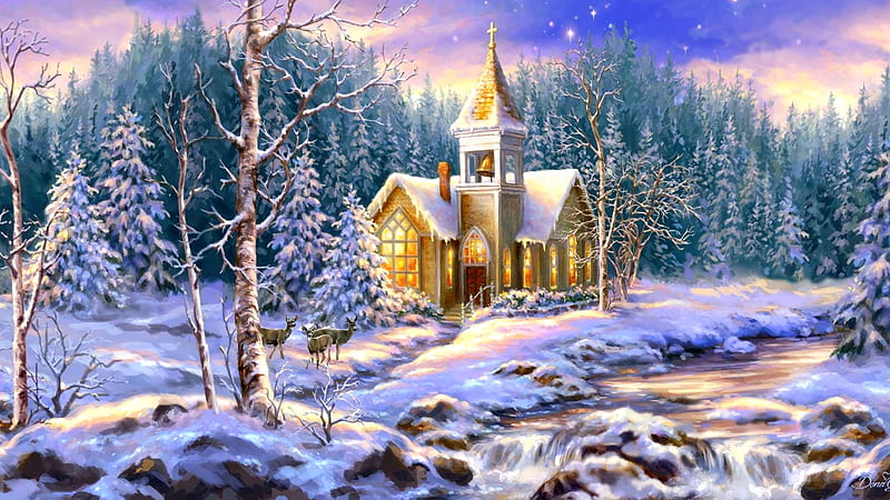 Holiday Chaple, nature, winter, Christmas, holidays, white trees, love four seasons, xmas and new year, deer, paintings, snow, churches, chaple, forests, HD wallpaper