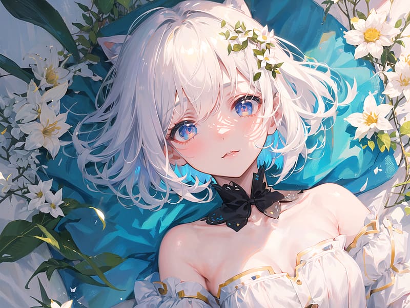 girl, choker, flowers, sunlight, anime, HD wallpaper