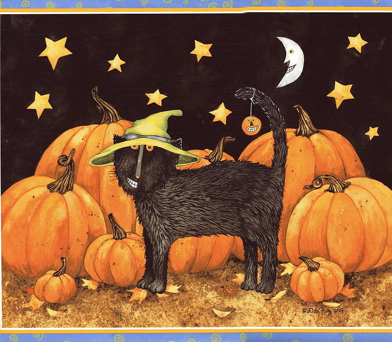 Halloween Witch Cat, stars, witch, orange, halloween, black, cat, moon, dark, pumpkins, night, HD wallpaper