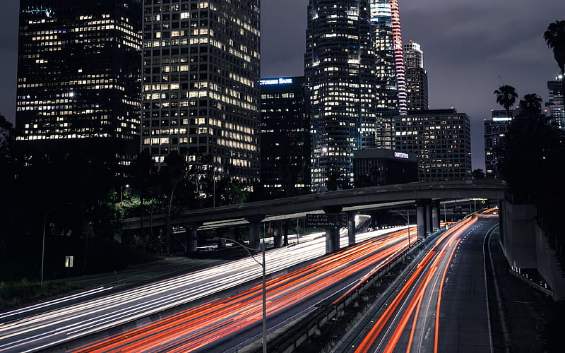 Los Angeles, night, city lights, skyscrapers, car lights, highway, California, USA, HD wallpaper