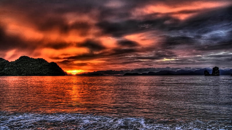 beautiful sunset r, beach, sunset, sea, boulders, HD wallpaper