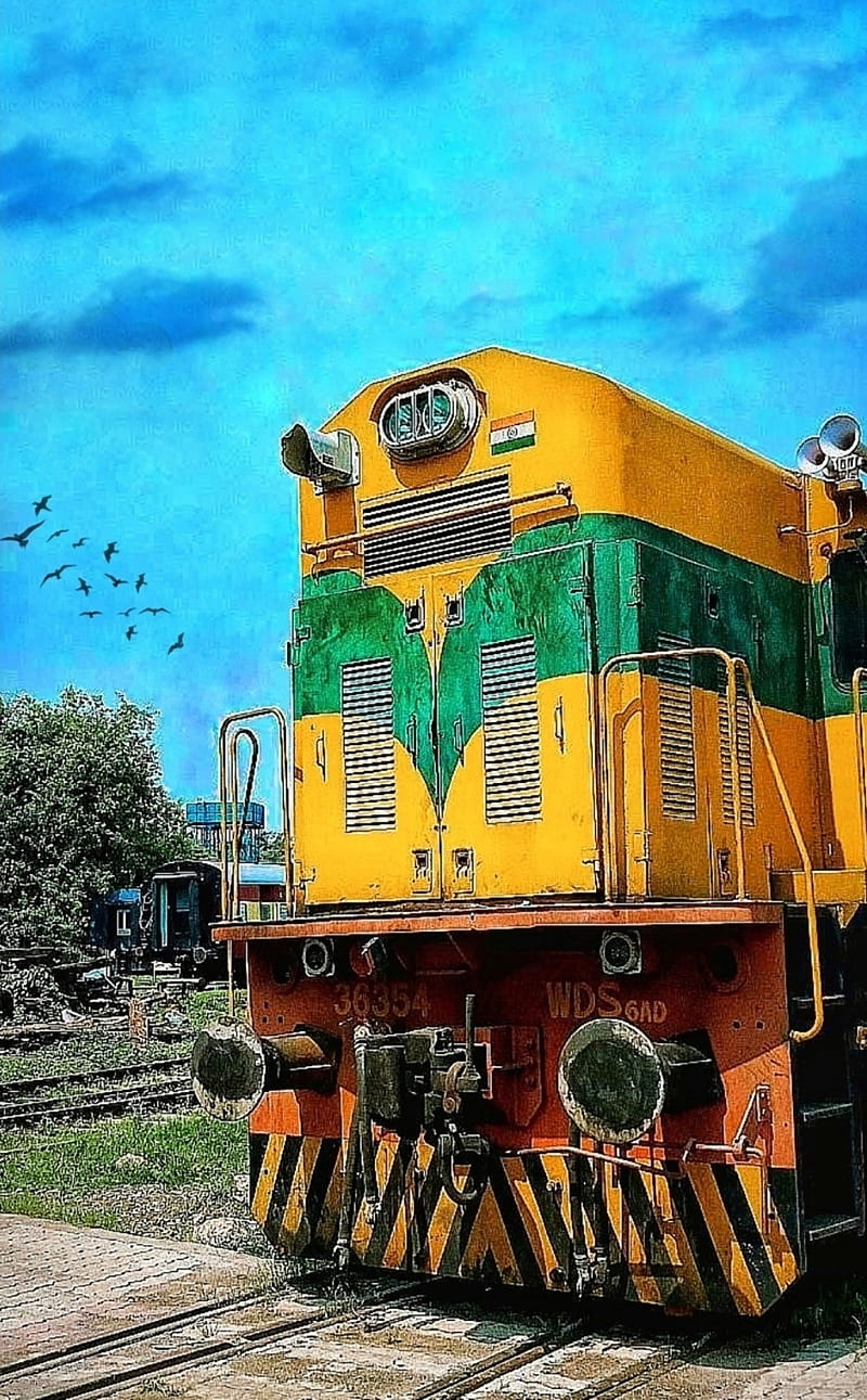 Train, birds, blue sky, india, instagram, iphone, rail, treand, yellow, HD phone wallpaper