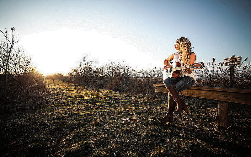 When The Sun Goes Down . ., boots, cowgirl, ranch, sunset, women, outdoors, guitar, country music, style, western, blondes, HD wallpaper
