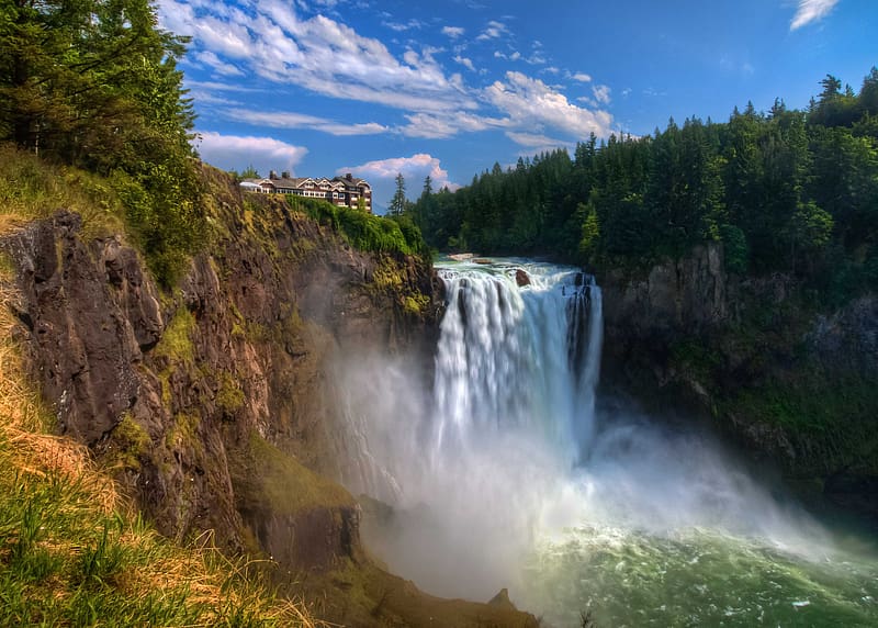 Waterfalls, Waterfall, House, , Cliff, Stream, Snoqualmie Falls, HD wallpaper