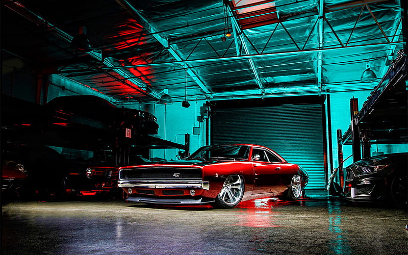 Dodge Charger RTR, garage, low rider, 1968 cars, muscle cars, retro cars, 1968 Dodge Charger RTR, american cars, Dodge, HD wallpaper