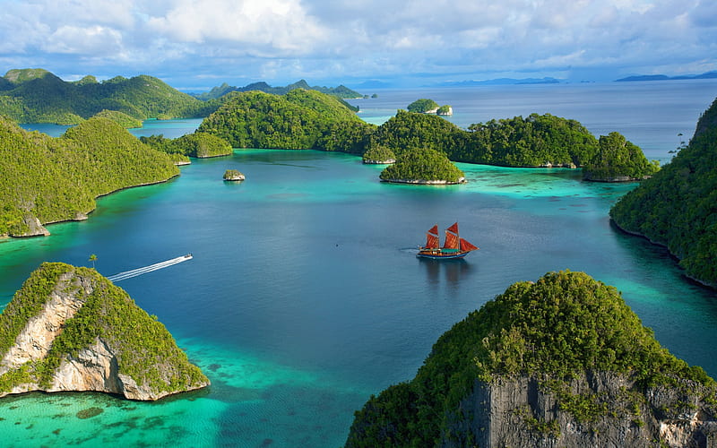 Indonesia, bay, ocean, islands, tropics, HD wallpaper