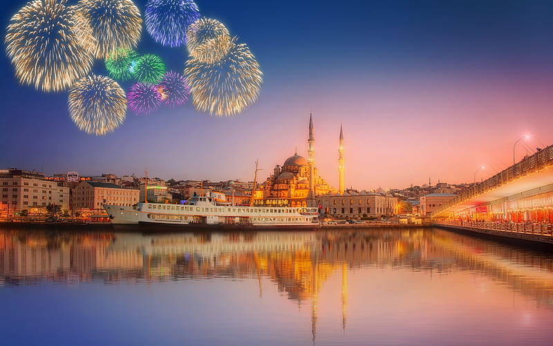 Istanbul, New Mosque, Turkey, Walide Sultan Mosque, fireworks, Black Sea, sunset, HD wallpaper