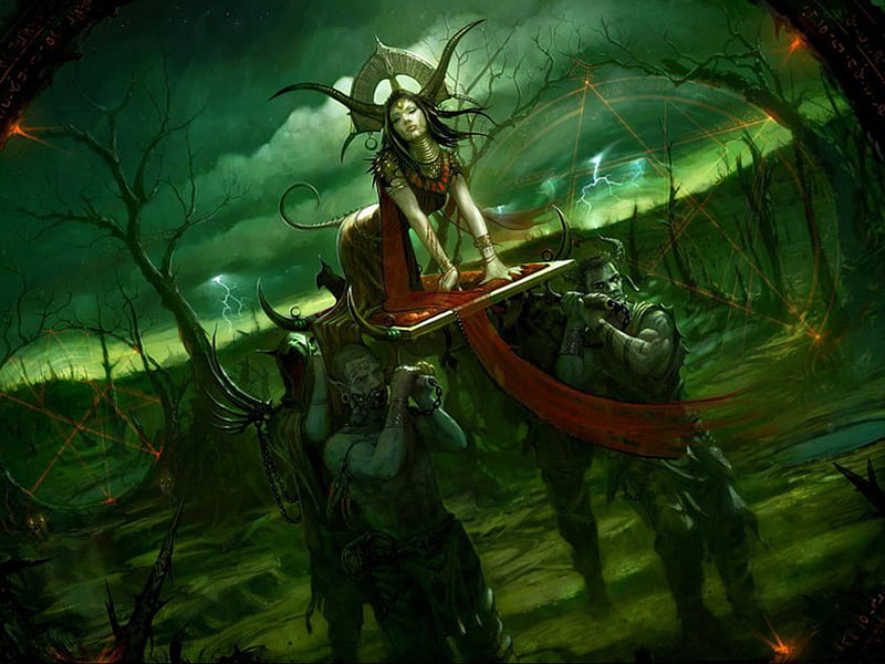 Procession of the Witch Queen, fantasy, female, green, artwork, bearers, HD wallpaper