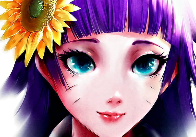 Uzumaki Himawari, naruto, manga, yellow, sunflower, elspade, girl, purple, anime, face, HD wallpaper