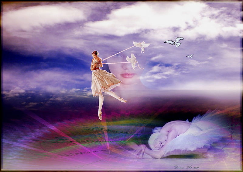 Ballerina girl, art, fantasy, ballerina, girl, birds, face, clouds, sky ...