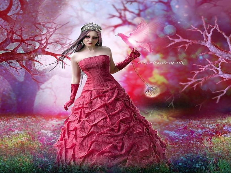 Fantasy Girl, Dress, Flowers, Bird, Att, Girl, Tree, HD wallpaper