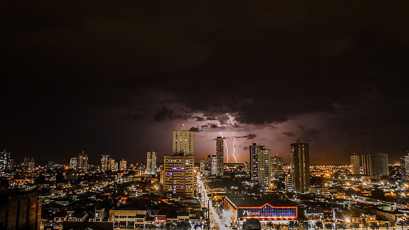 Thunderstorms Above City During Night Time, thunderstorm, city, lightning, night, evening, graphy, HD wallpaper