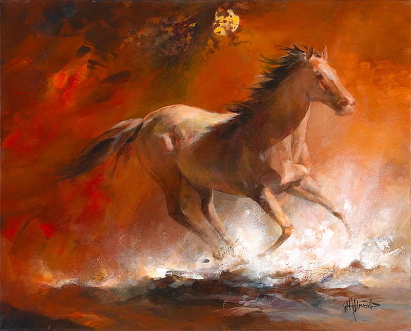 Horse galloping..Oil Painting...video..'Ride On', song, Horse, galloping, music, bonito, Painting, Art, Nature, HD wallpaper