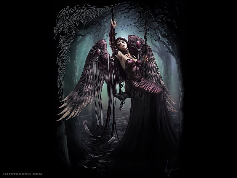 Gothic angel, fantasy, wings, purple, luminos, girl, dark, steve argyle, HD wallpaper