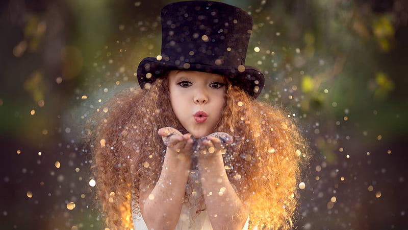 Cute Little Girl With Black Head Cap Is Blowing Bokeh Glittering Things In Cute, HD wallpaper