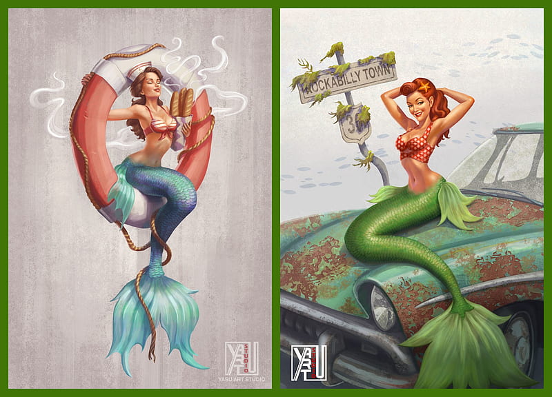Mermaids, vara, green, car, summer, mermaid, yasushi matsuoka, vintage, collage, retro, fantasy, HD wallpaper