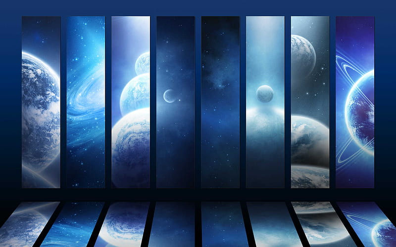 Blue skies, planets, eight, abstract, sky, lights, shades, 3d, colours, reflections, blue, saturn, HD wallpaper