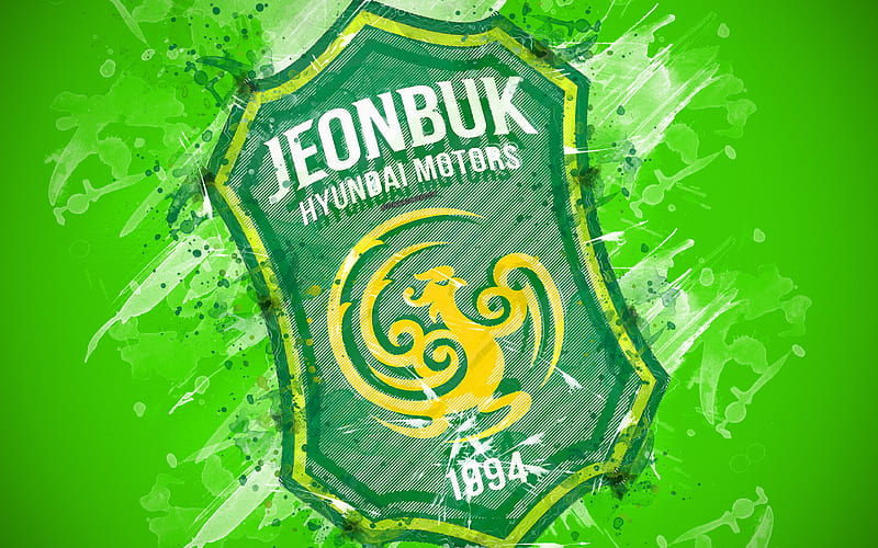 Jeonbuk Hyundai Motors FC paint art, logo, creative, South Korean football team, K League 1, emblem, green background, grunge style, Jeonju, South Korea, football, HD wallpaper
