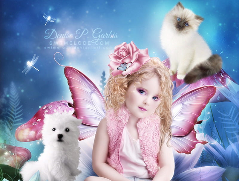 ✫Lovely Visitor✫, pretty, rose, charm, mushroom, bonito, digital art, sweet, fantasy, butterfly, manipulation, flowers, girls, fairy, animals, dog, puppy, female, wings, lovely, angel, colors, love four seasons, cat, abstract, cute, cool, dragonflies, plants, kitten, HD wallpaper