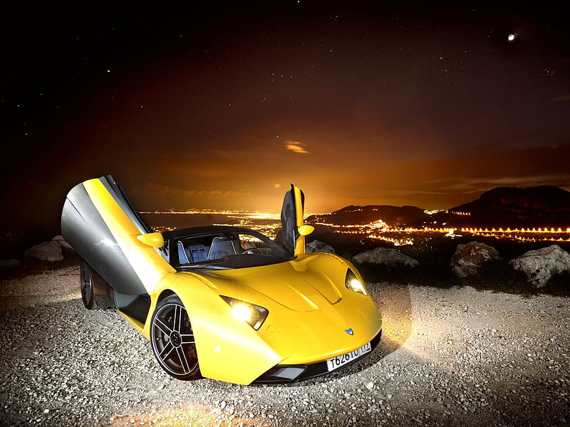 Marussia, supercar, yellow, carros, mountains, cities, landscape, night, HD wallpaper