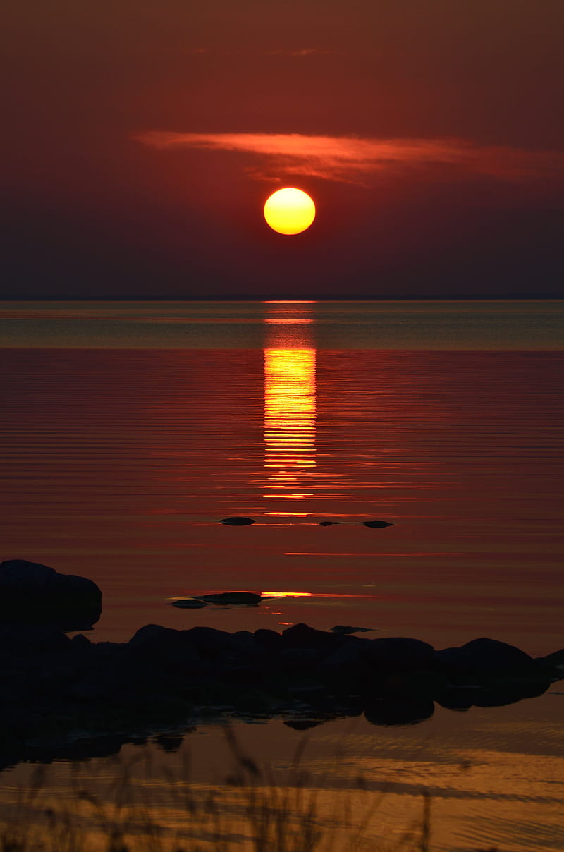 sunset, sun, glare, water, horizon, evening, HD phone wallpaper