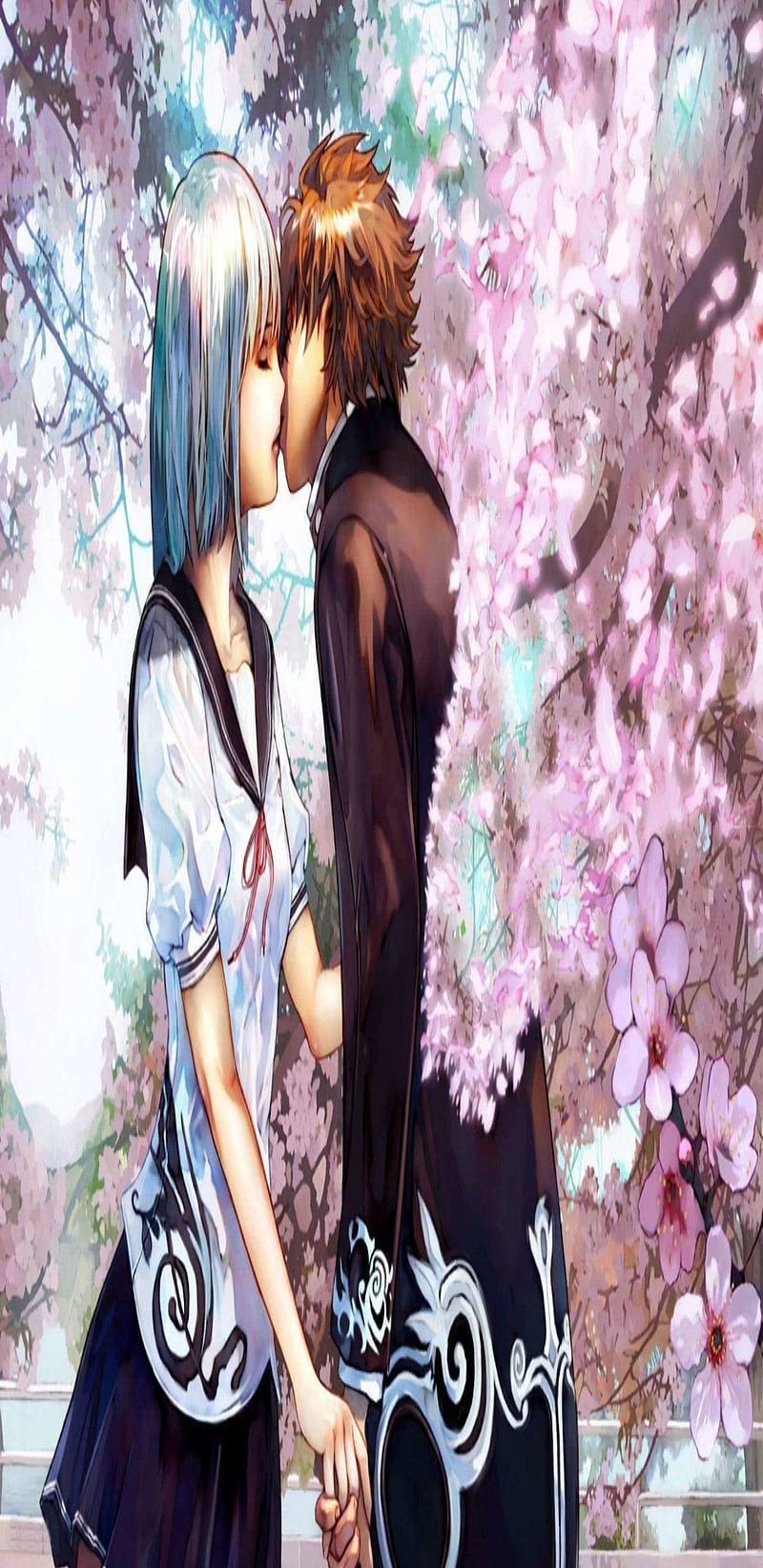 Anime boy girl kiss, brown, flowers, love, relationship, silver, HD phone  wallpaper | Peakpx