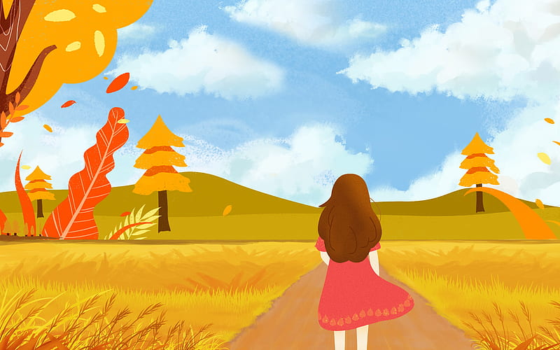 Autumn Grassland Blue Sky Girl illustration, HD wallpaper