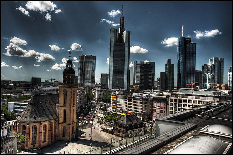 Frankfurt, architecture, city, buildings, clouds, sky, HD wallpaper