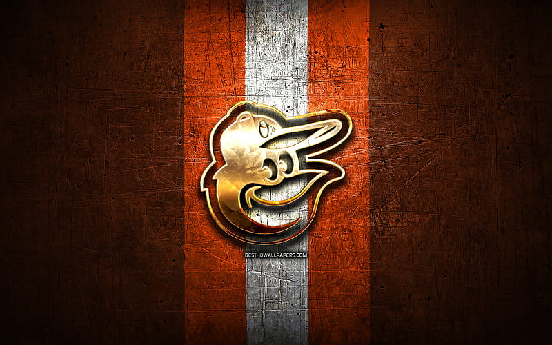 Baltimore Orioles, golden logo, MLB, orange metal background, american baseball team, Major League Baseball, Baltimore Orioles logo, baseball, USA, HD wallpaper