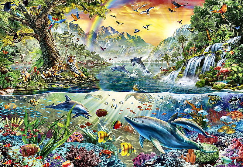 Tropical Harmony F1C, art, fish, ocean, birds, bonito, butterflies, waves, illustration, artwork, sea, dolphins, high seascape, painting, wide screen, scenery, HD wallpaper
