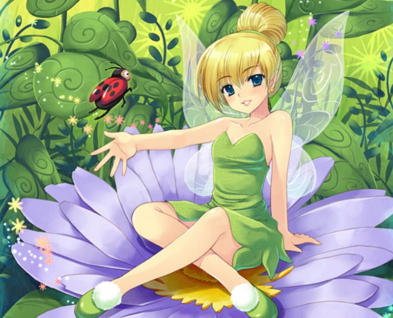 tinkerbell, pretty, movie, bonito, magic, wing, sweet, pixie, blossom, nice, fantasy, green, anime, hot, beauty, anime girl, disney, female, wings, lovely, hollywood, blonde, blonde hair, petal, sexy, cute, tink, girl, purple, magical, flower, lady bug, HD wallpaper