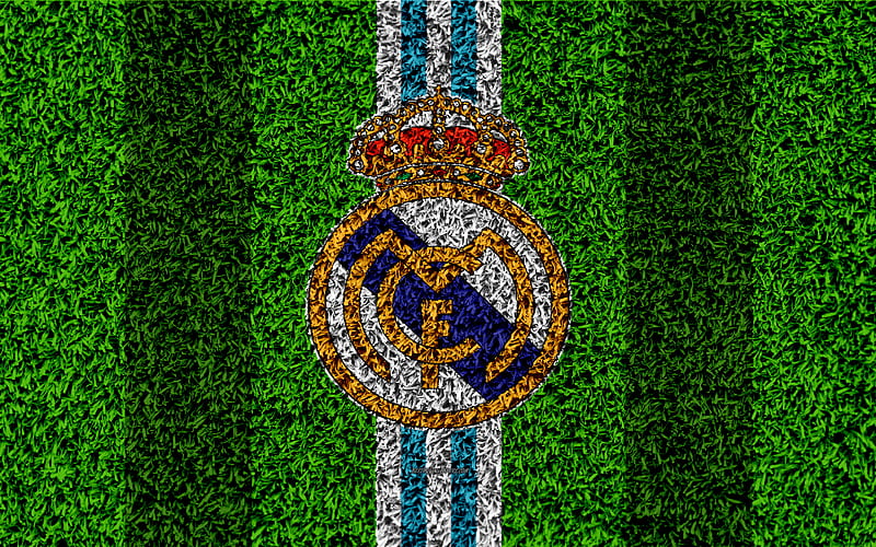 Real Madrid logo, football lawn, Spanish football club, blue white lines, grass texture, emblem, La Liga, Madrid, Spain, football, Real Madrid CF, HD wallpaper