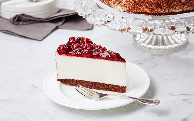 cake, cheesecake, cherry cake, sweets, white plate, fork, HD wallpaper